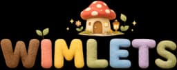 Wimlets logo: colorful plush lettering topped with a tiny mushroom house