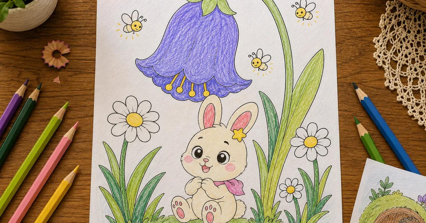 A printed Lumi in the Big Meadow coloring page, colored in with pencils, lying on a wooden table beside a row of colored pencils.