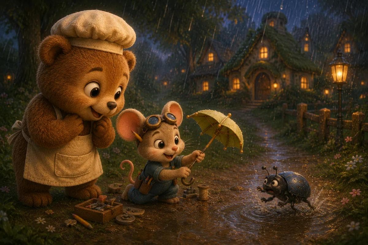 Illustration for Momo's Tiny Umbrella, scene 1: Rain on Every Leaf