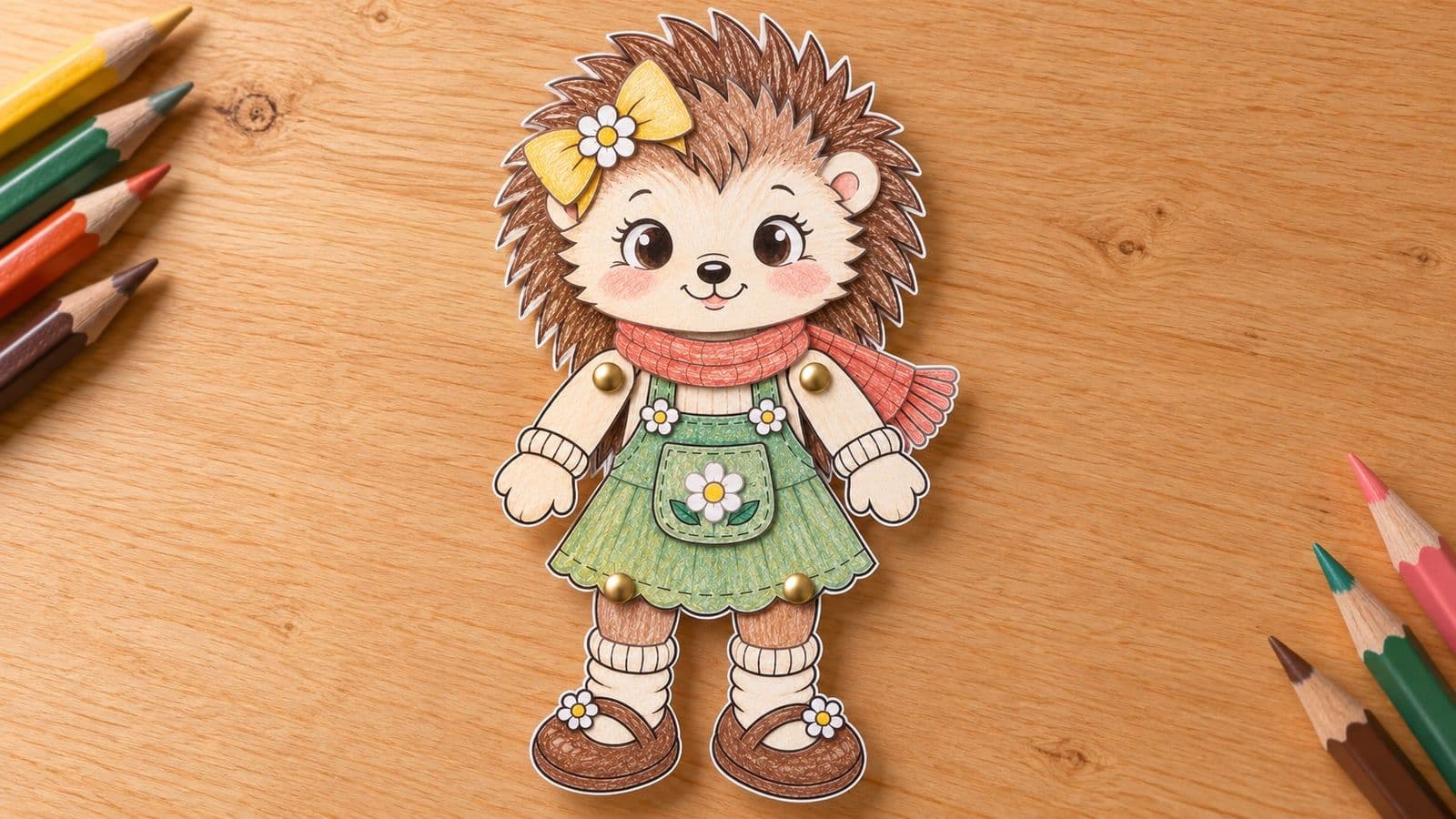 The finished Hazel paper puppet on a wooden table beside colouring pencils.