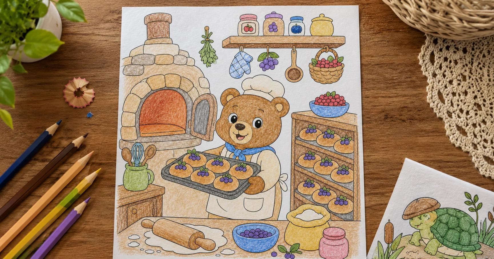 A printed Bruno’s Bakery coloring page, colored in with pencils, lying on a wooden table beside a row of colored pencils.