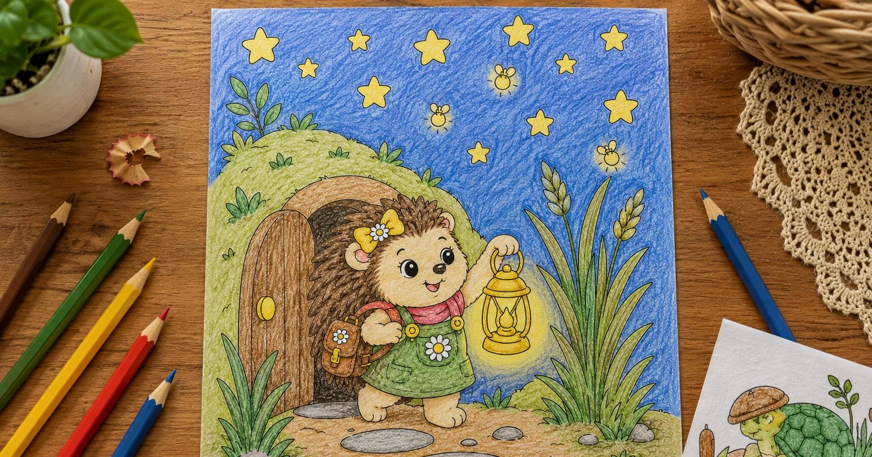 A printed Hazel’s Brave Night coloring page, colored in with pencils, lying on a wooden table beside a row of colored pencils.