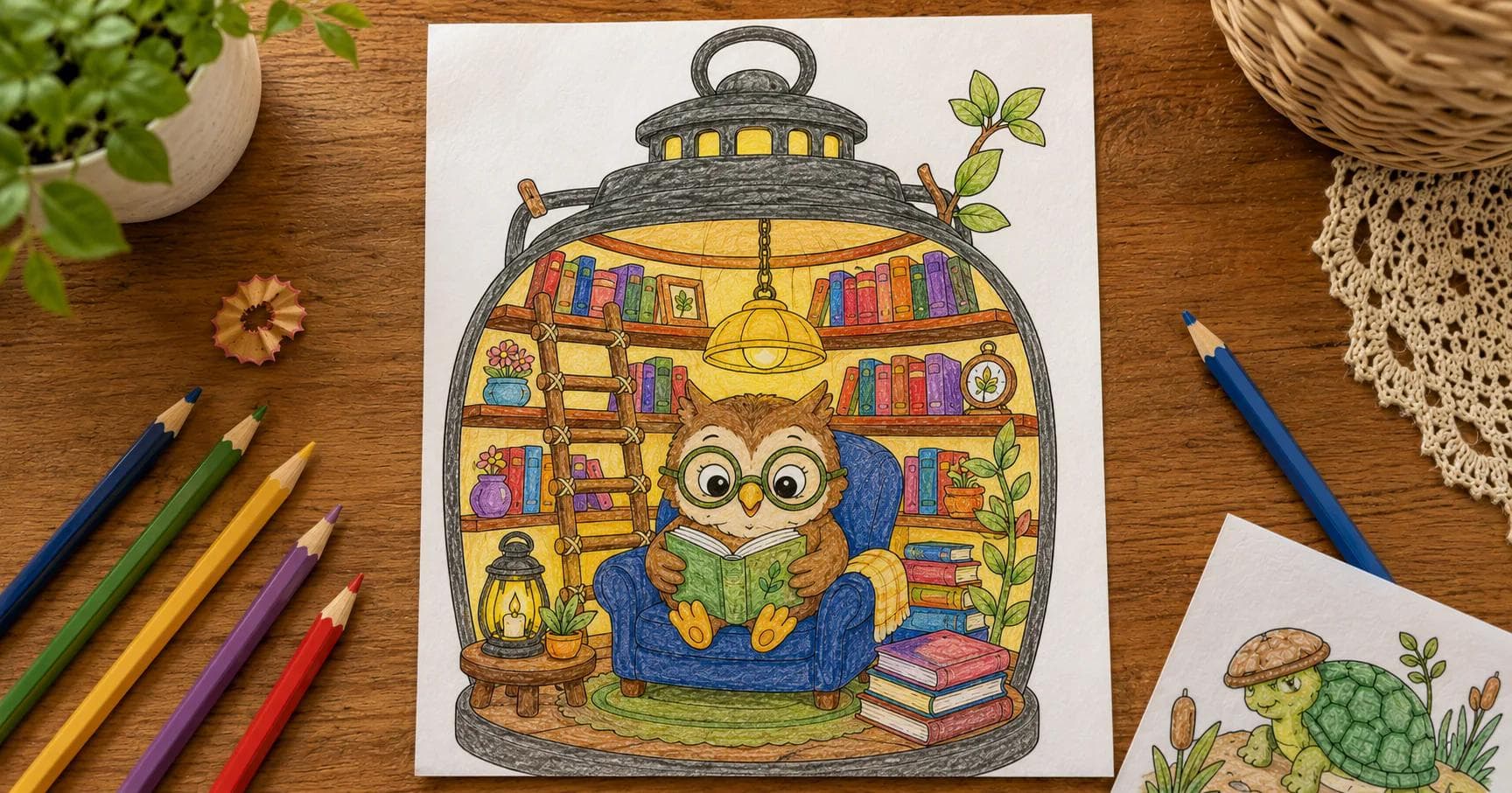 A printed Olive’s Lantern Library coloring page, colored in with pencils, lying on a wooden table beside a row of colored pencils.