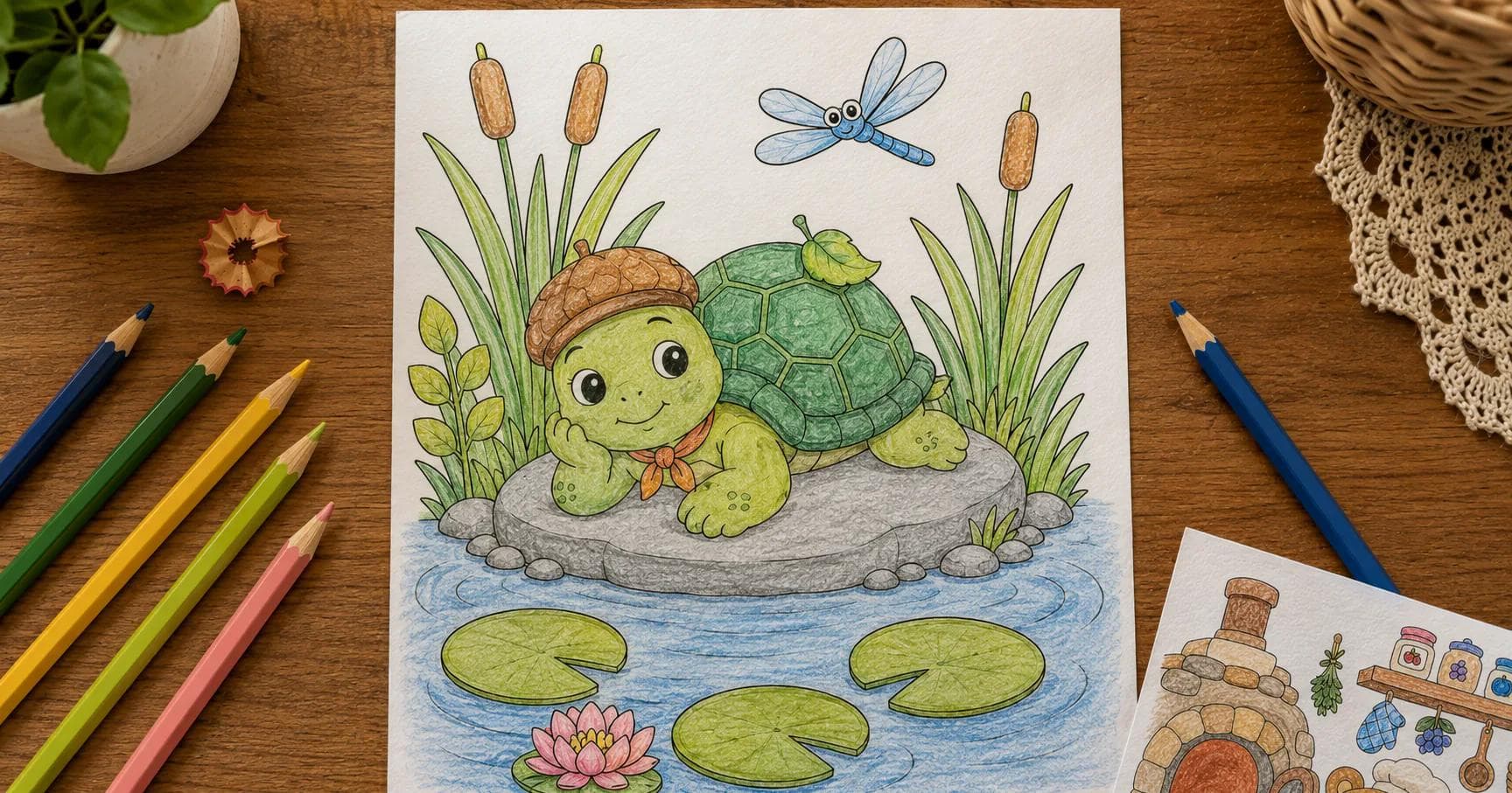 A printed Toby’s Quiet Pond coloring page, colored in with pencils, lying on a wooden table beside a row of colored pencils.