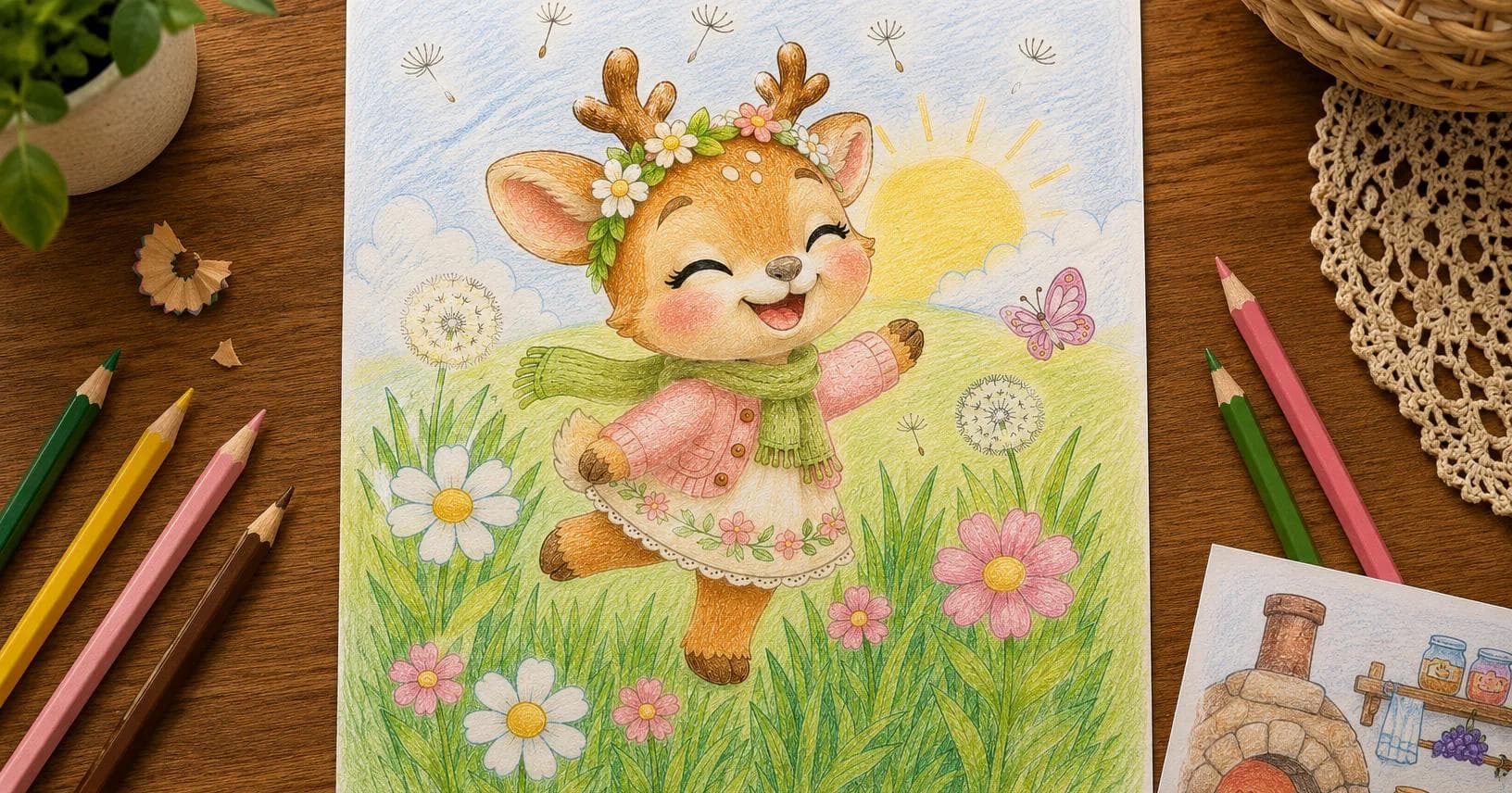 A printed Willow’s Morning Meadow coloring page, colored in with pencils, lying on a wooden table beside a row of colored pencils.