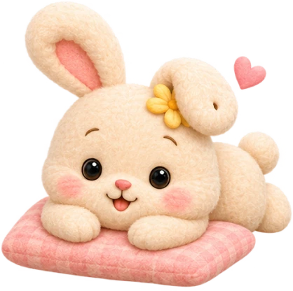 Plush bunny relaxing cozily on pink cushion